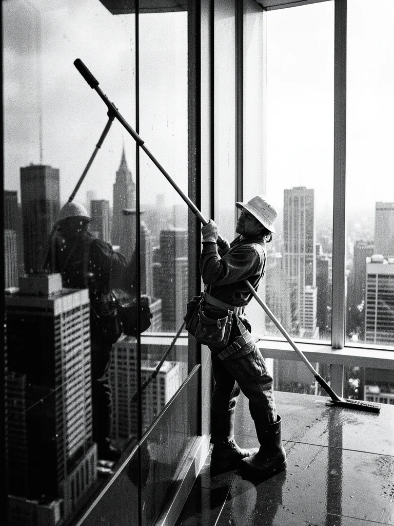 A window washer on a skyscraper, harness and squeegee, the city reflected in the