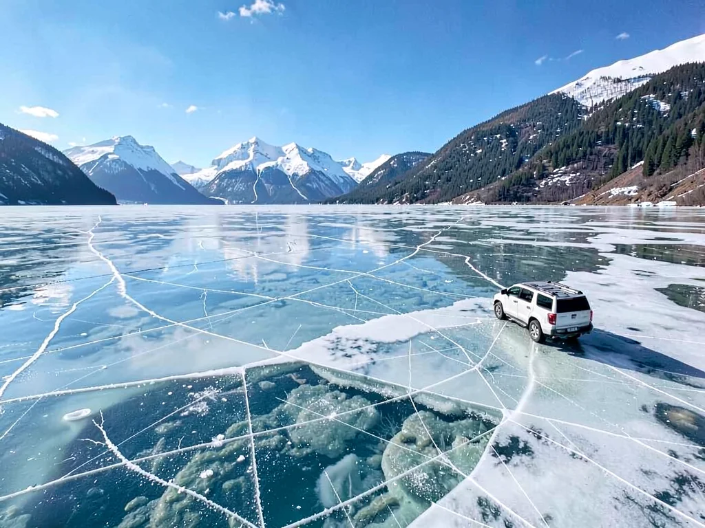 Vehicle on ice showing scale of clear expanse