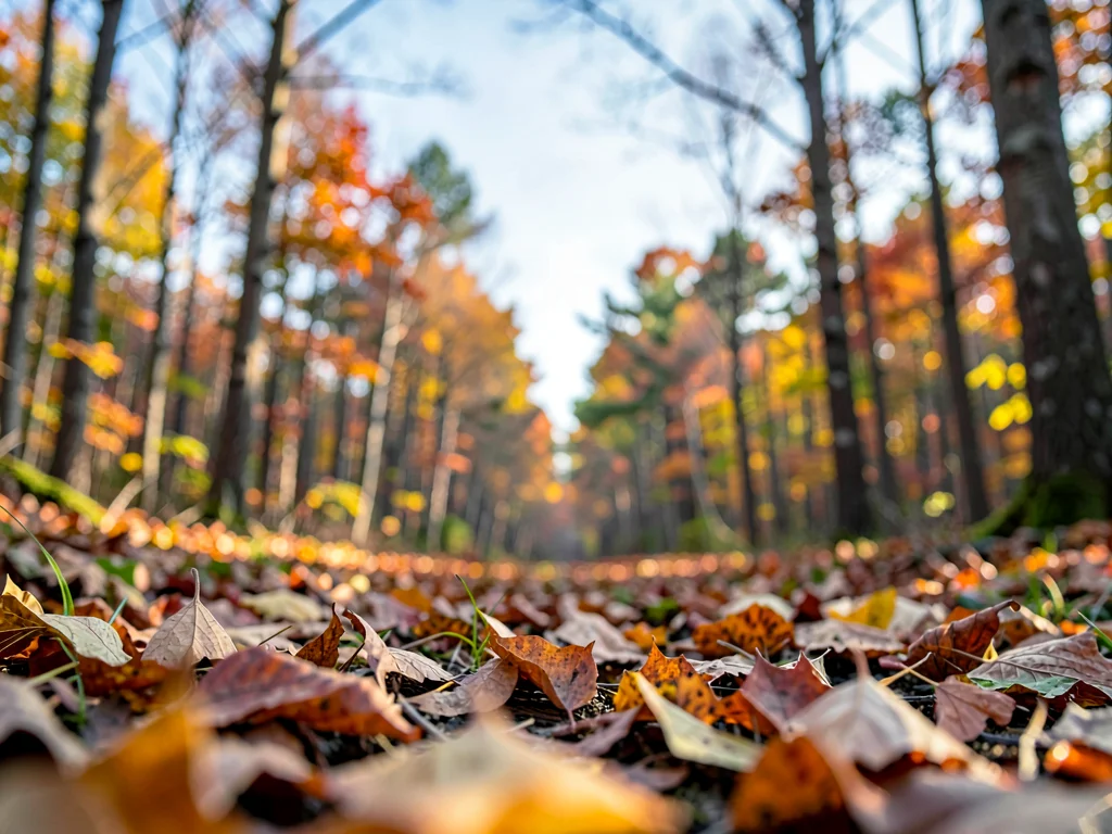 Autumn leaves from near to distant treeline