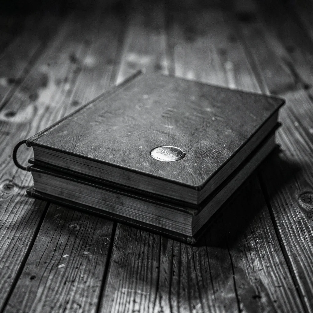 Charcoal study of a stack of debate binders on a wooden floor