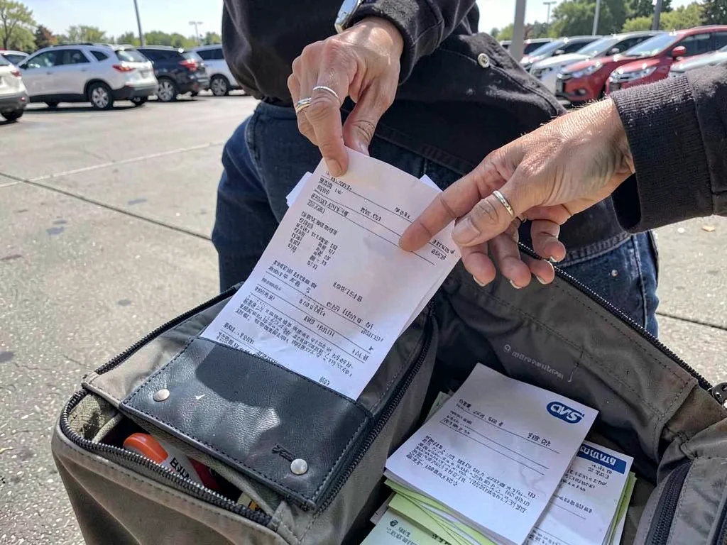 Receipt checked against bag contents in parking lot, the trust-but-verify, misma