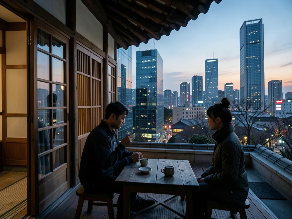Hanok rooftop with Seoul skyline