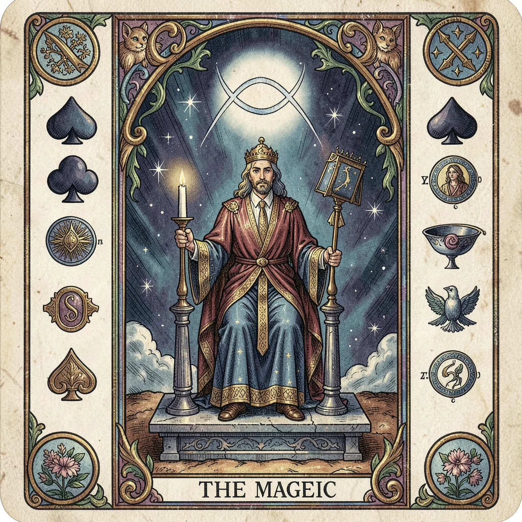 Tarot card illustration, The Magician at altar with four suit symbols, infinity 