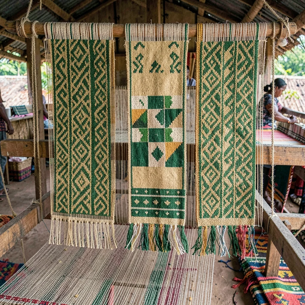 Kumasi kente weaving process, strip loom geometry, Completed kente strips hangin