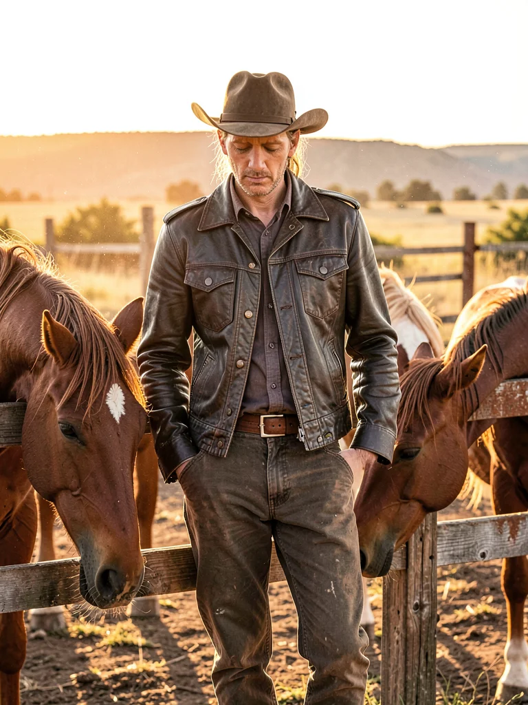 Saint Laurent leather jacket on fence rail, horses nuzzling pockets, golden ligh