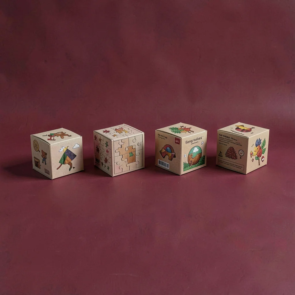 Lineup of four puzzle boxes stepping across a deep cranberry seamless, identical