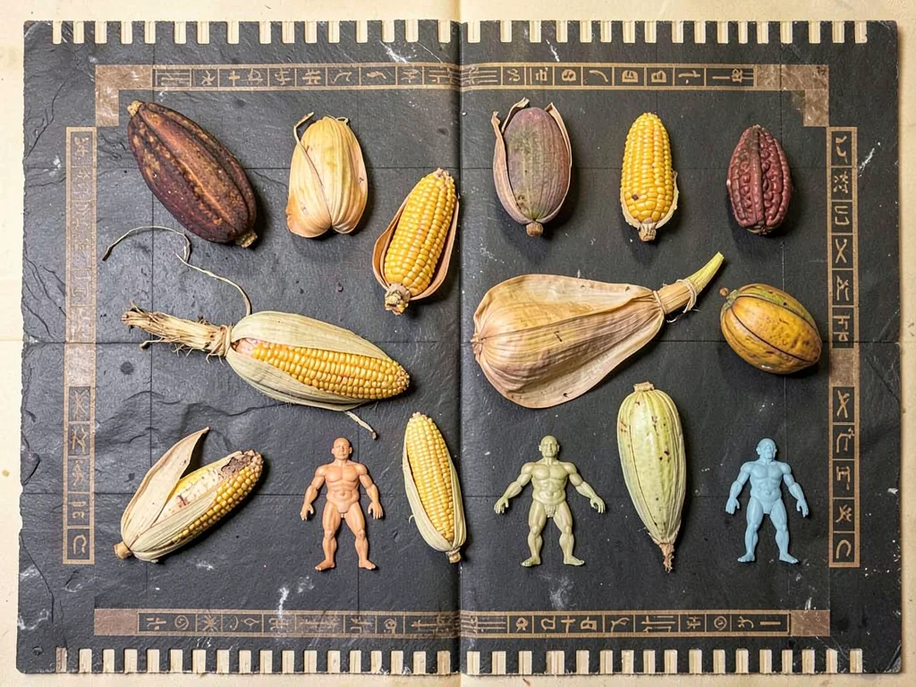 Dried ears of corn and cacao pods arranged in geometric flat-lay on dark stone