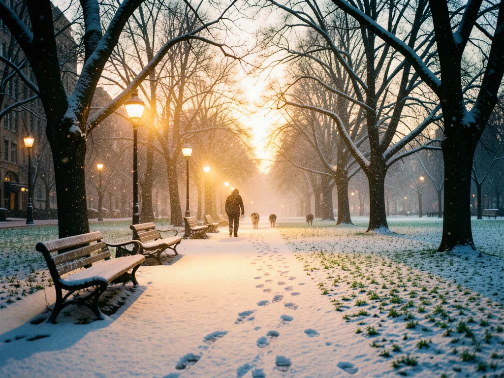 The first snow of winter falling on a city park, large wet flakes visible agains