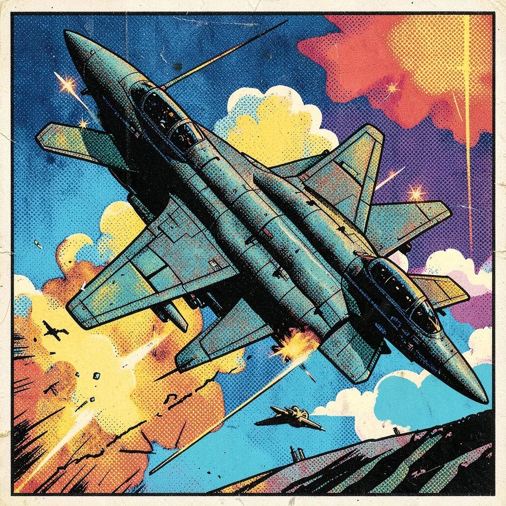 Halftone dot illustration, fighter jet in action , Ben-Day dots, pop art aesthet