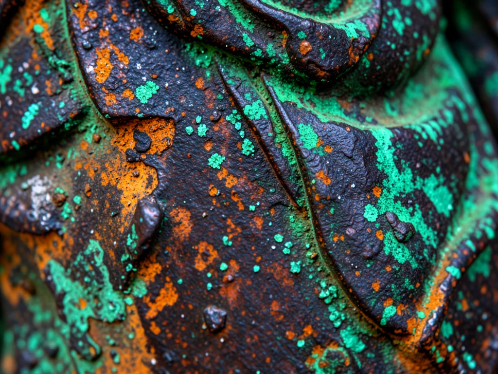 Bronze statue surface, dark brown patina with green deposits in recesses, centur