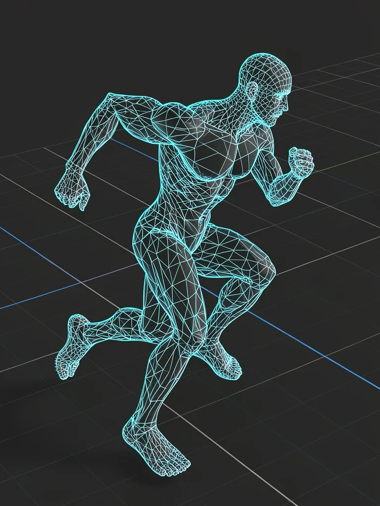 A wireframe human figure mid-sprint, muscle masses implied by the flowing topolo