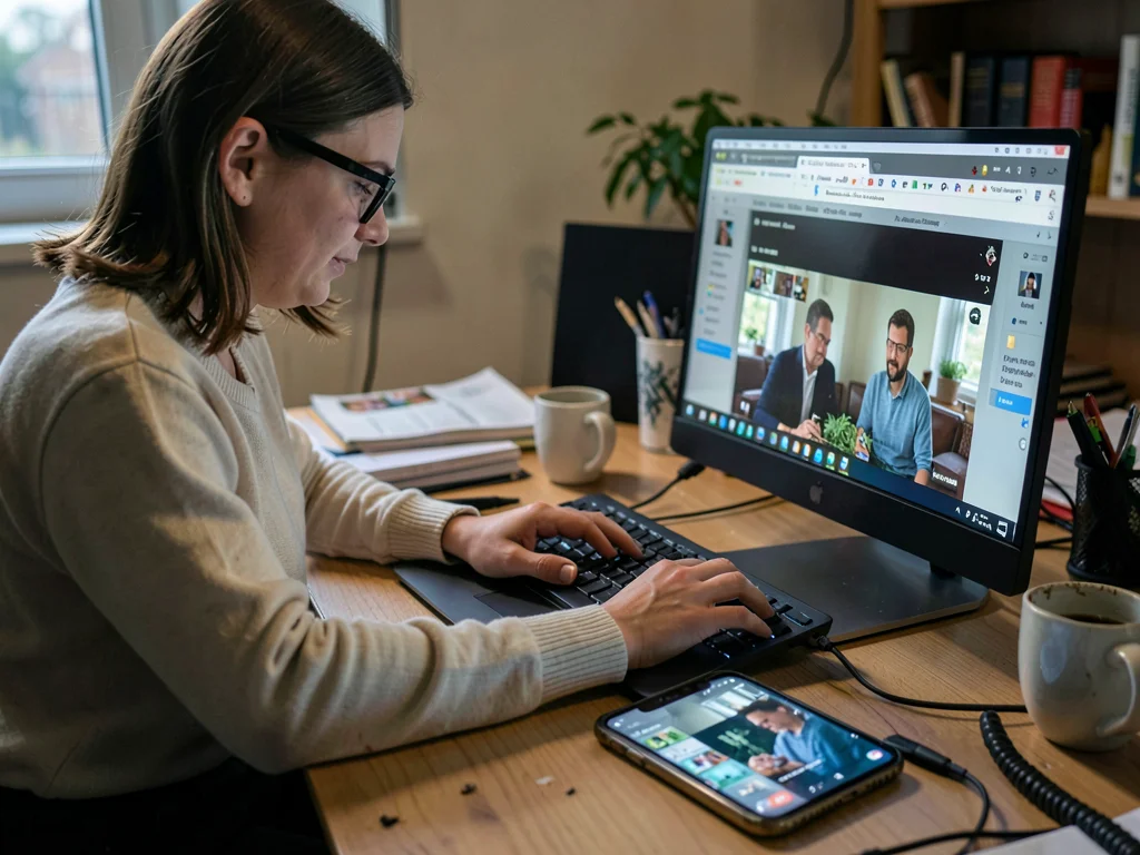 Person fake-typing while watching video reflected in glasses
