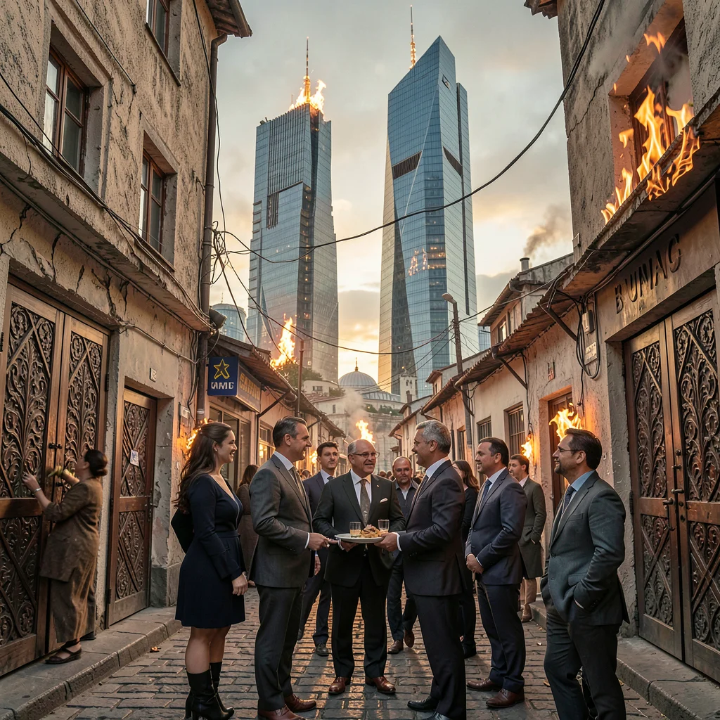 Oil-baron nouveau meeting Flame Tower modernity in windy Baku, old town alley wi