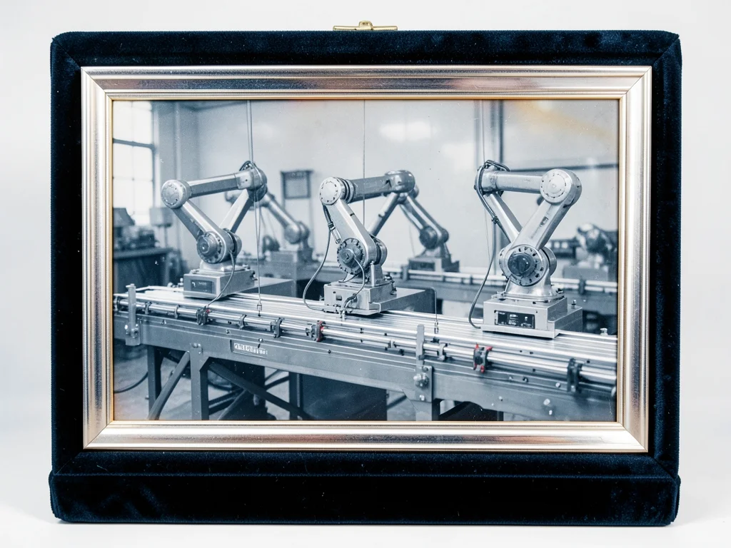 Three industrial robot arms in a row performing identical pick-and-place operati