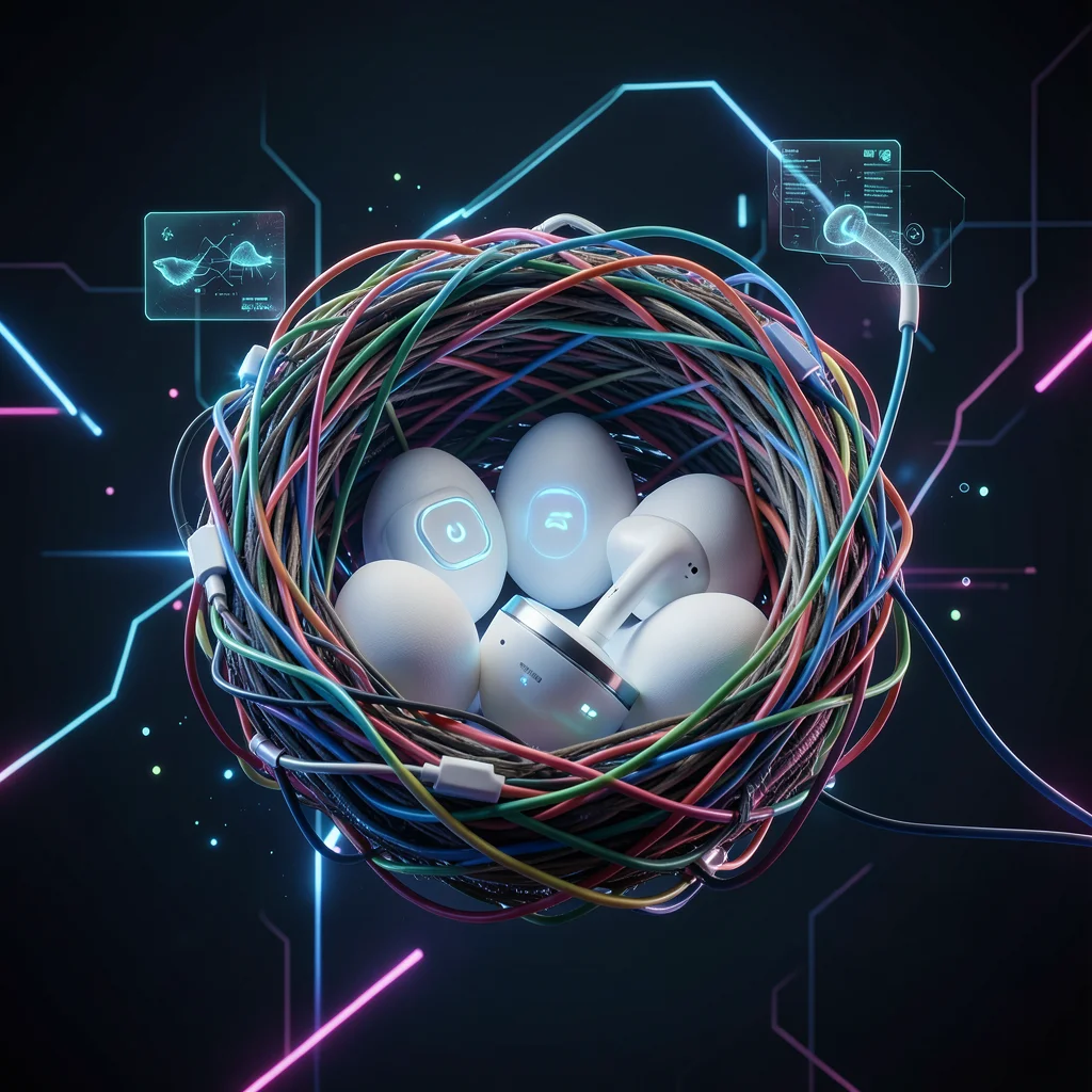 Bird nest made of tangled charging cables, eggs inside are wireless earbuds