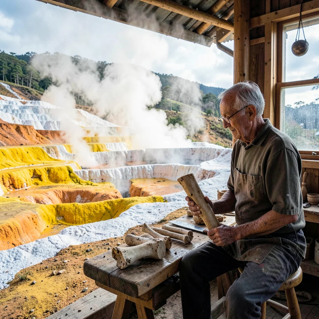 Rotorua geothermal landscape, active earth palette, Elderly man demonstrating tr
