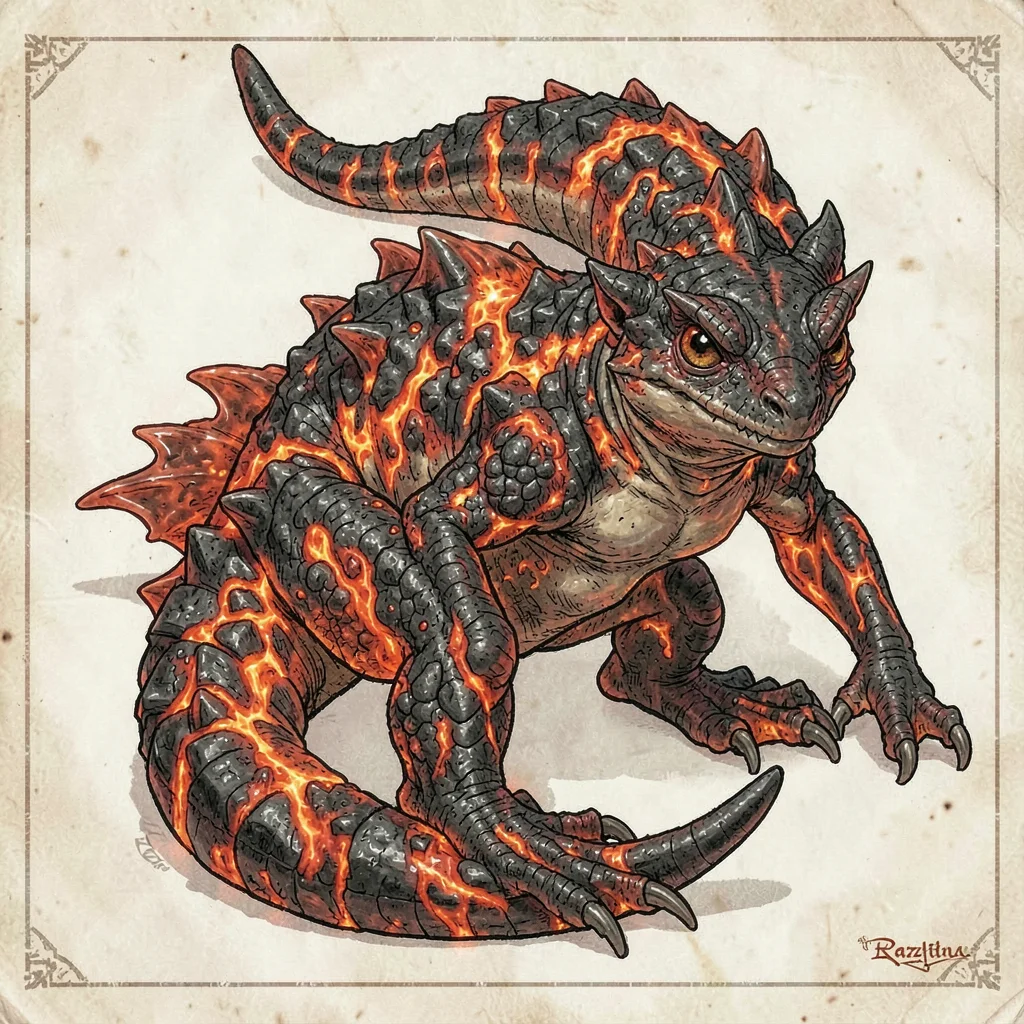 Fantasy creature illustration, a volcanic salamander with magma blood visible th