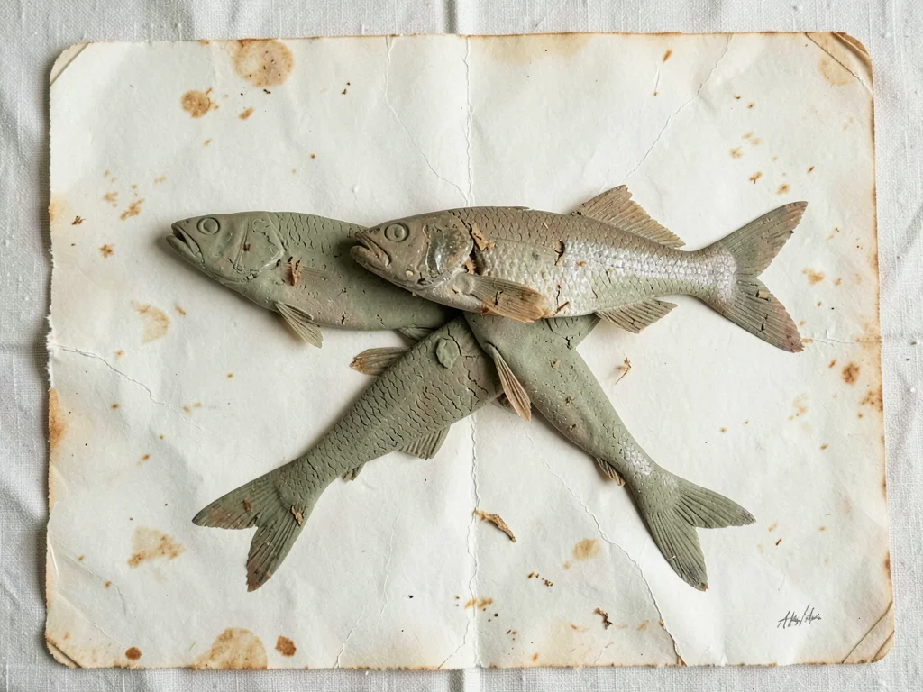 Two dried fish silhouettes overlapping at the tail, fins splayed, on a slightly 