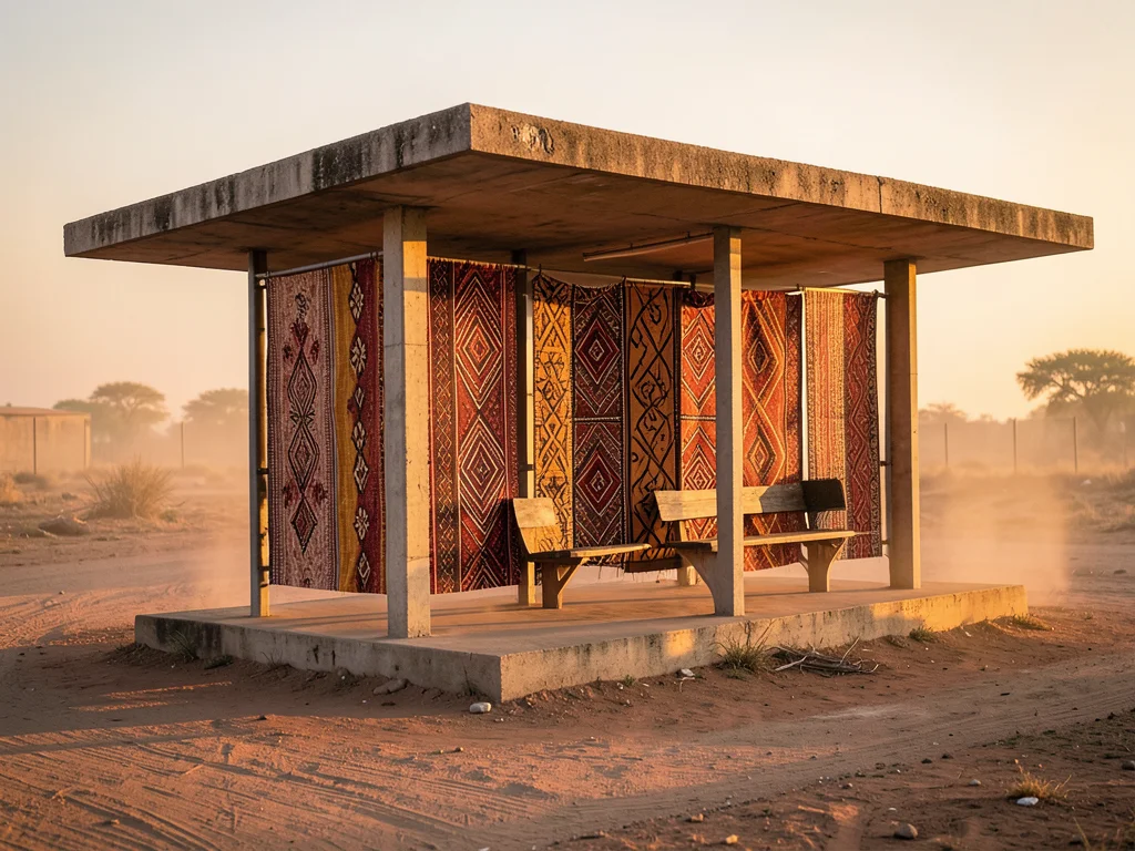 Brutalist bus shelter with Malian mud cloth pattern screens, dust road, golden h