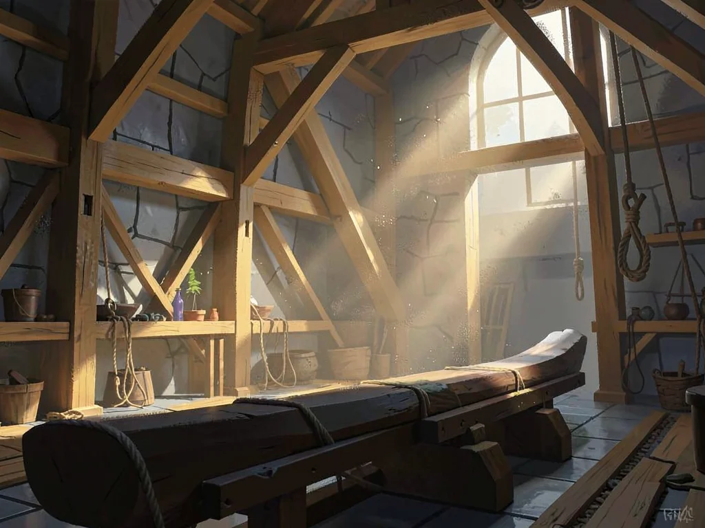 Inside a shipwright's hall with a slim sun shaft through dust, warm honey wood r