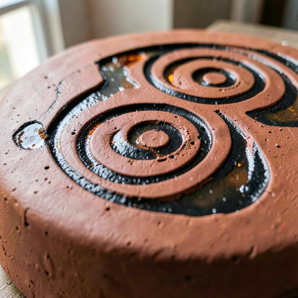 Sgraffito carved spirals through black slip on red earthenware, exposed clay glo