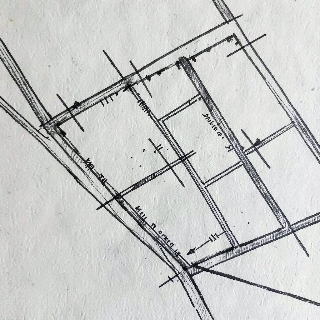 Hand-inked map of property boundaries with surveyor tick marks, slate ink on bon
