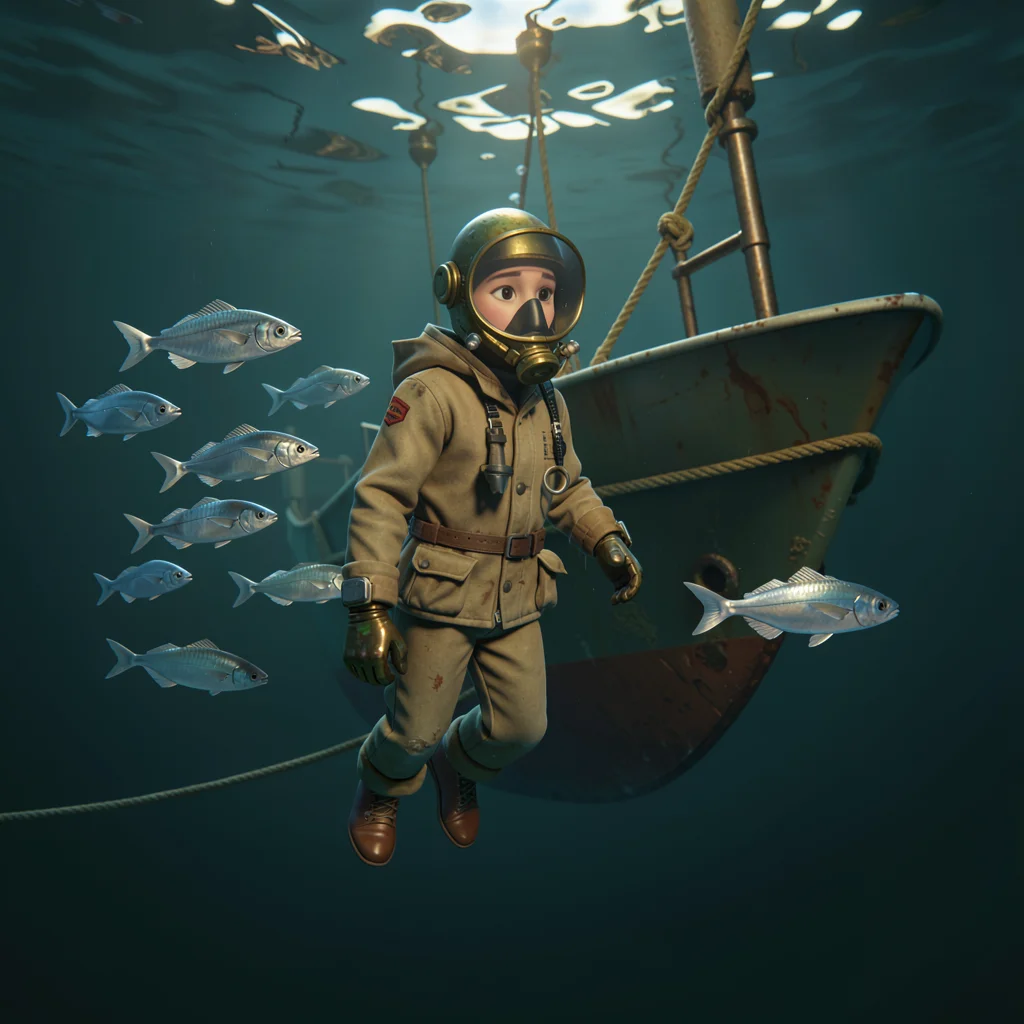 Underwater shot of a school of silver fish drifting past a moored hull, dappled 