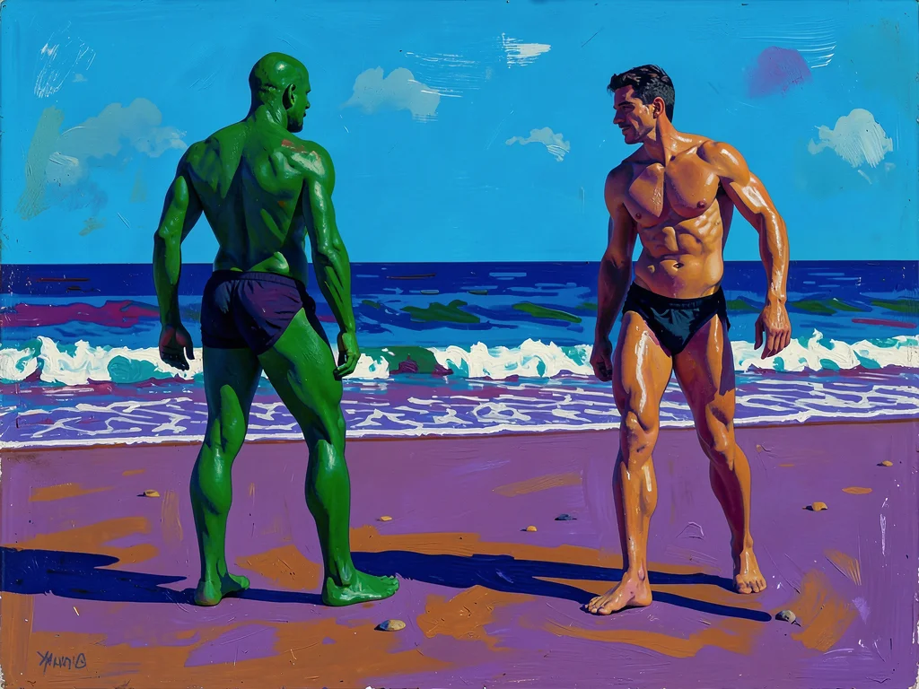 Beach figures in full midday — skin tones green and violet, sand a flat cadmium