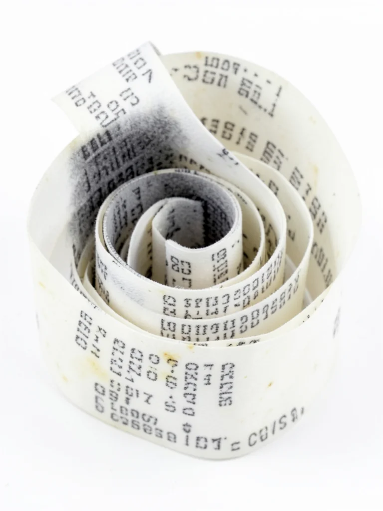 Very long CVS-style receipt coiled into a loose spiral, fading text creating gra