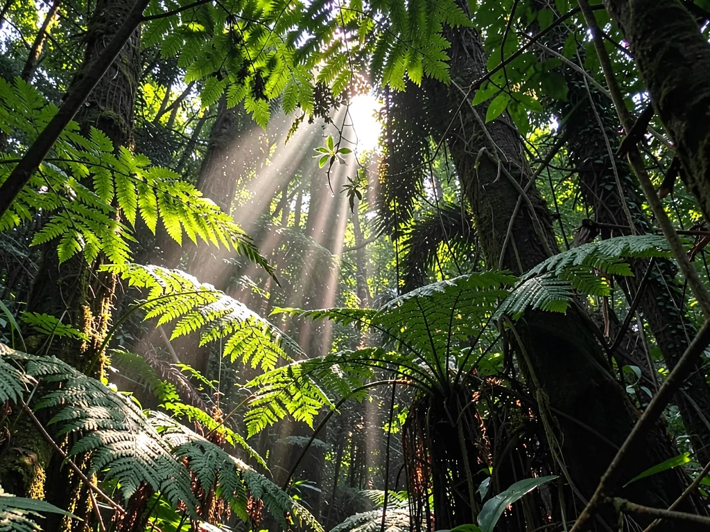 Fern fronds catching shaft of penetrating light