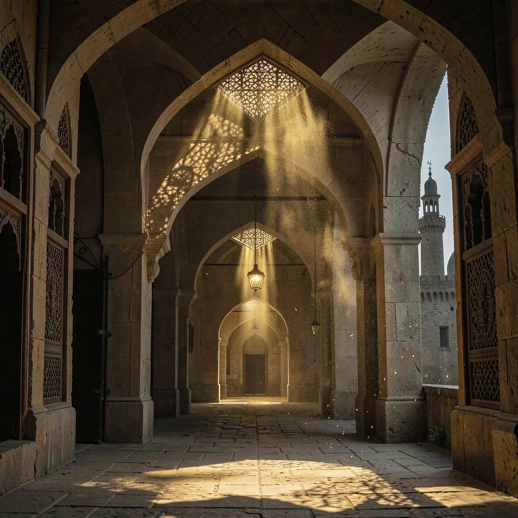Islamic Cairo geometry, medieval city light, arched doorway sequence, each arch 