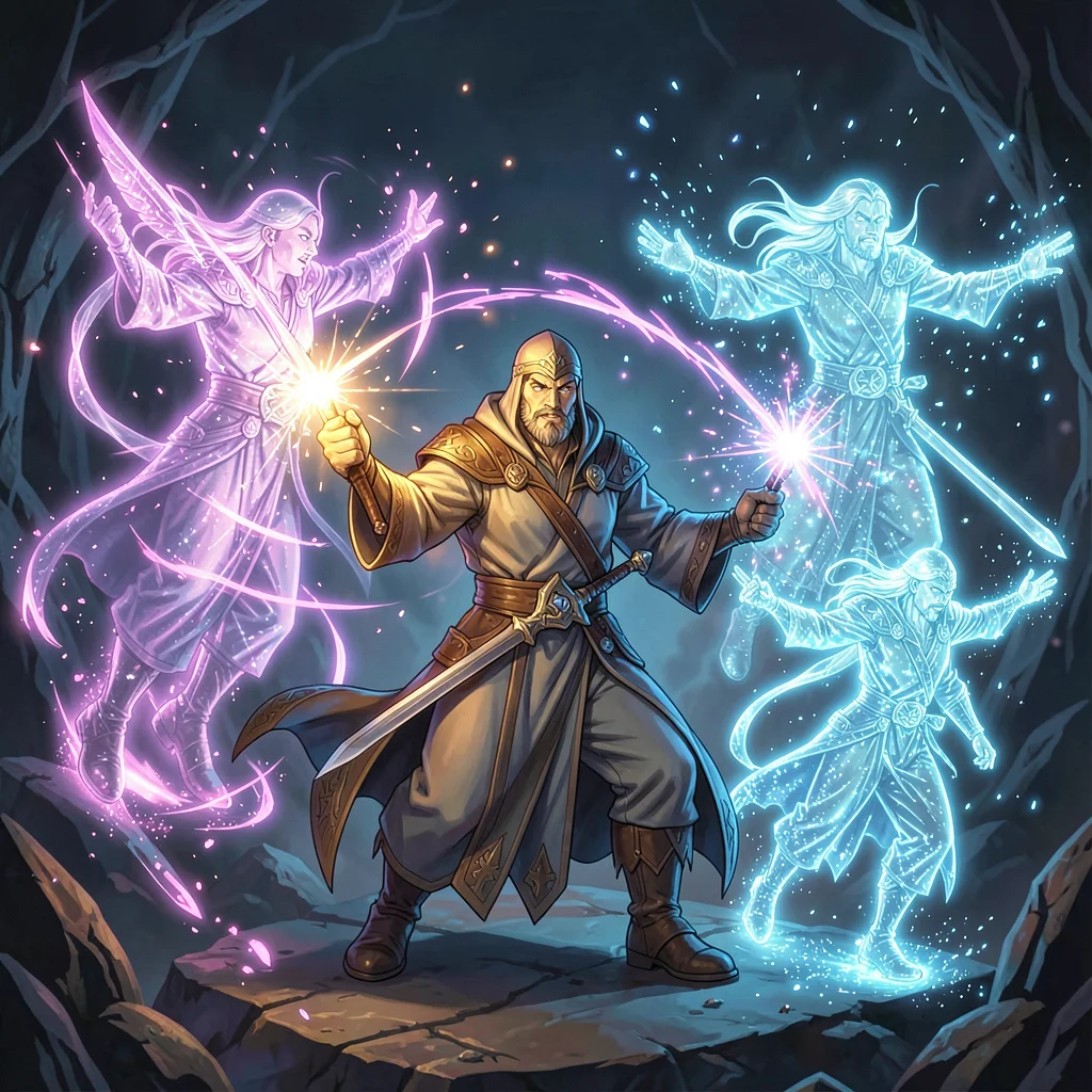 Magic spell effect illustration, illusion spell creating duplicate images of cas