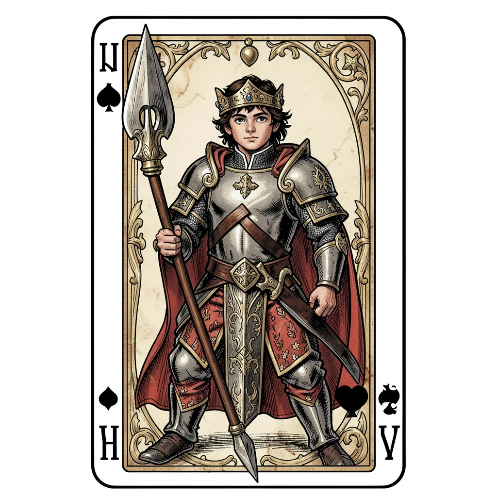 Playing card face illustration, Jack of Spades, warrior youth with pike , court 