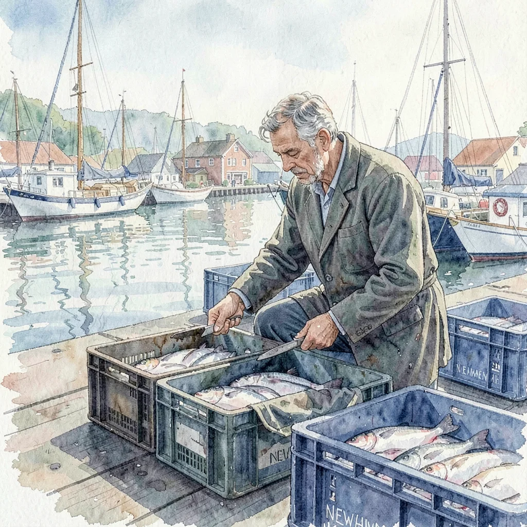Watercolor of a fishmonger at Newhaven harbor mending crates, soft cool palette