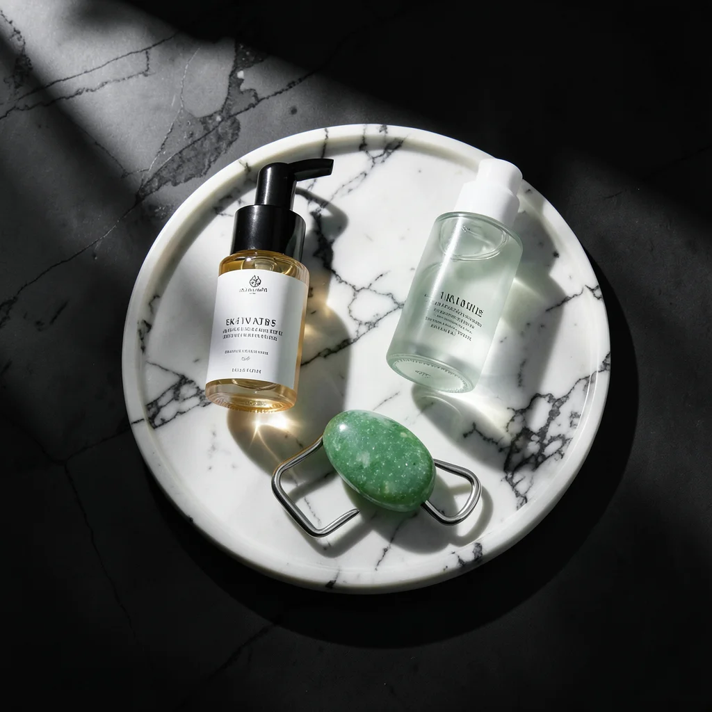 Skincare routine flat lay: cleanser, serum, moisturizer, jade roller on marble t