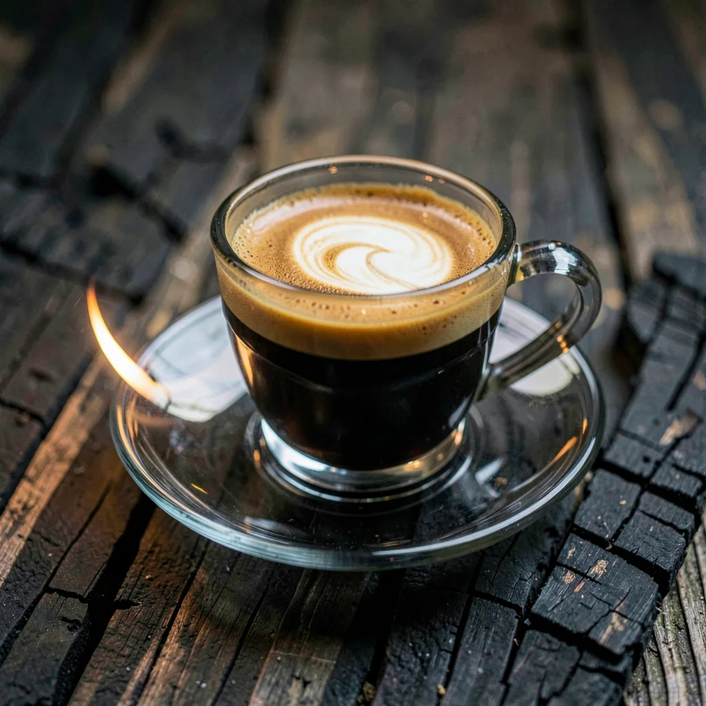 glass of espresso resting on a saucer on charred wood, dense crema swirled with 