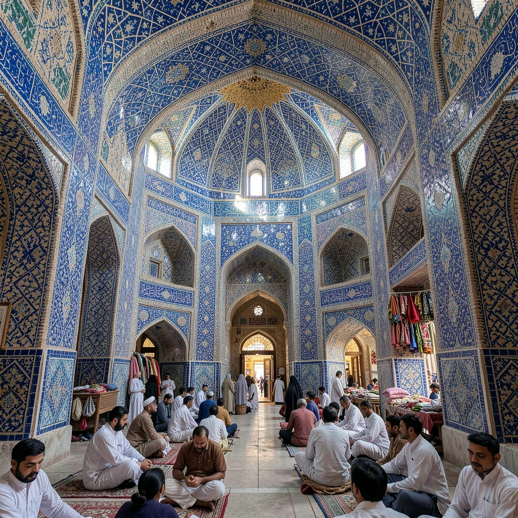 Samarkand blue majolica against Central Asian terracotta, interior of madrasa wi