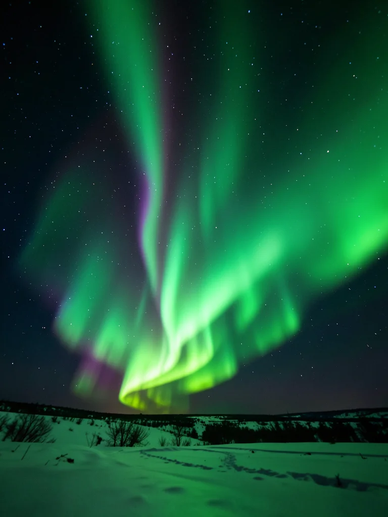 Aurora curtain fold extreme closeup, individual rays of green emission parallel 