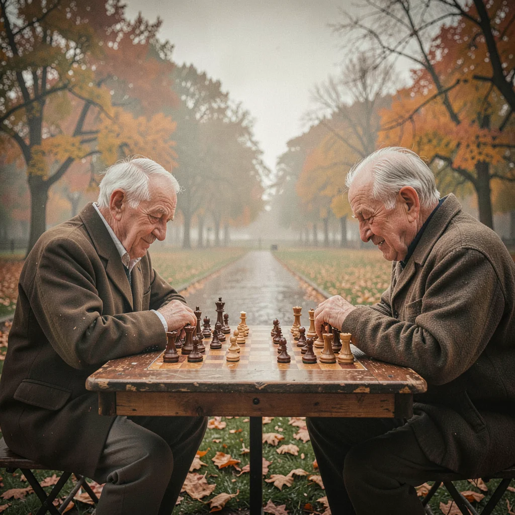 Humid atmospheric scene, Central European grandeur, Chess table in park with two
