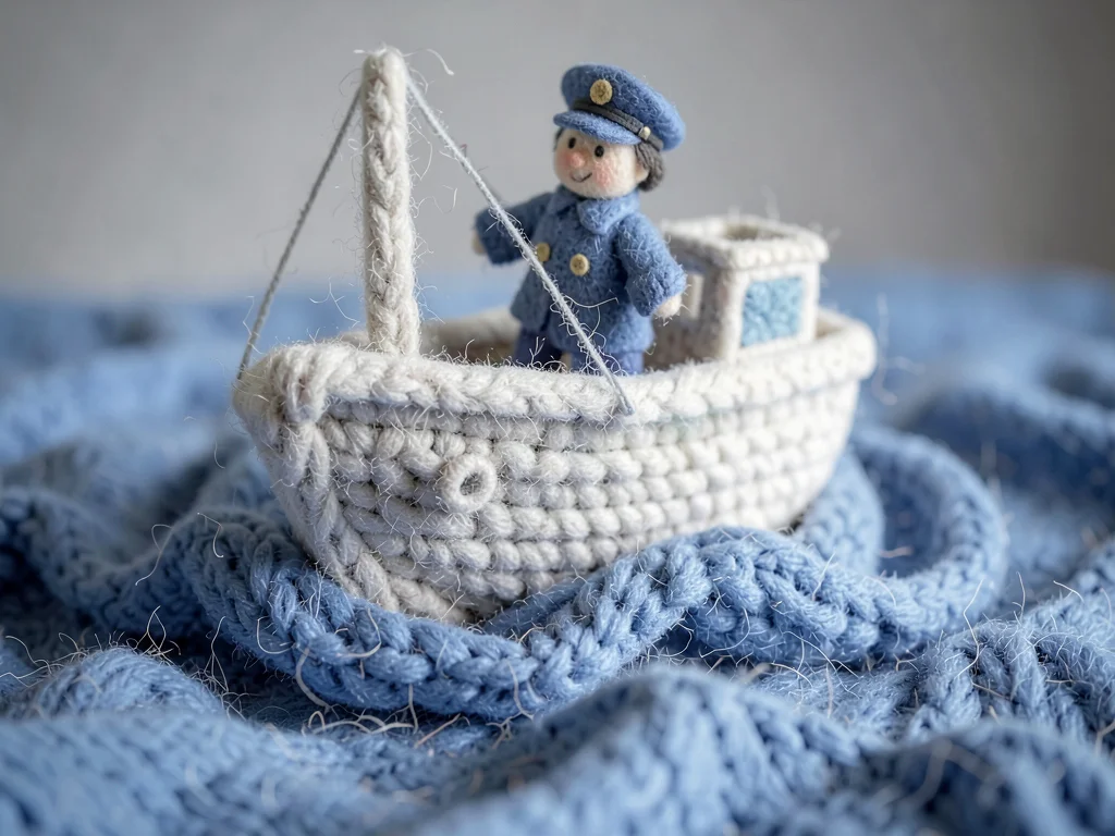 Fishing boat in chunky knit with a felted captain figure inside afloat on a wool