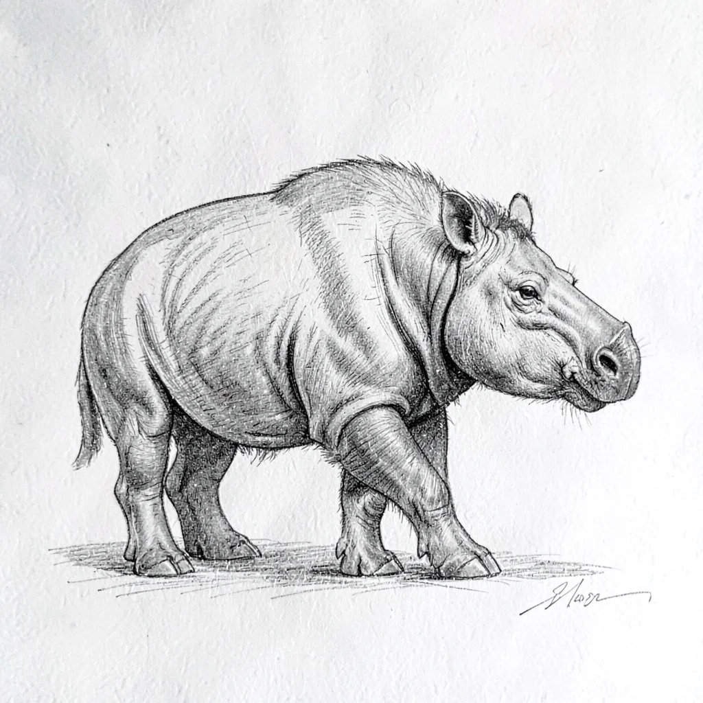 ink sketch of a tapir in profile, fine linework