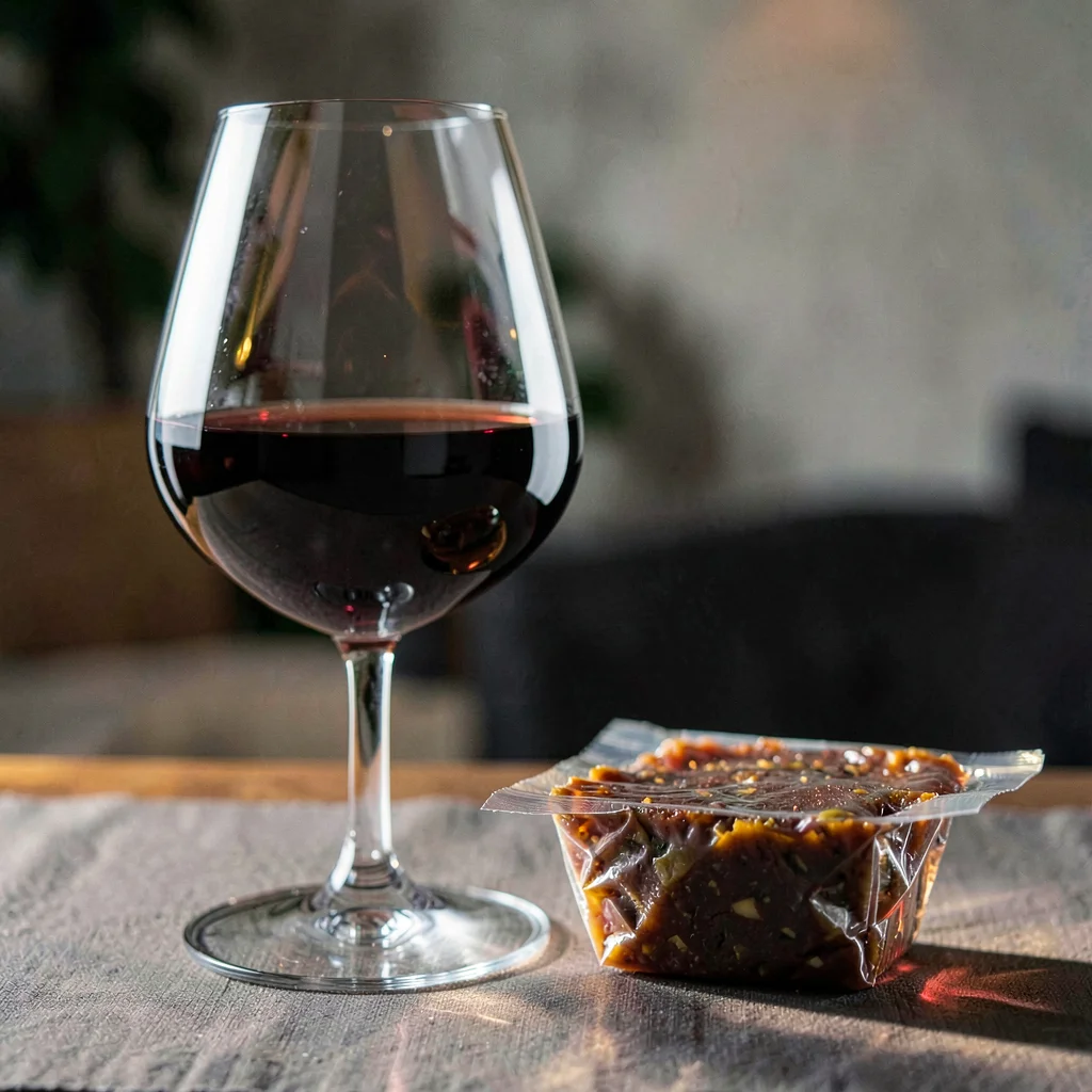A glass of late-harvest wine beside a sealed terrine, deep amber liquor catching