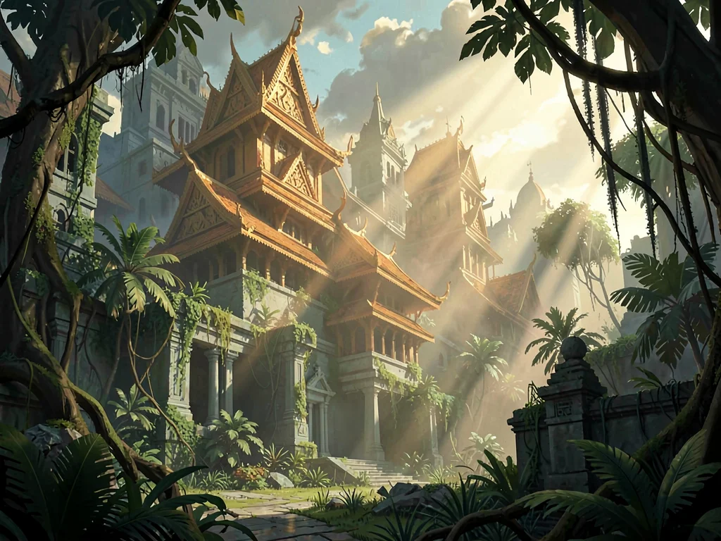Forgotten fantasy city overgrown by jungle with sun shafts in dust, warm amber t