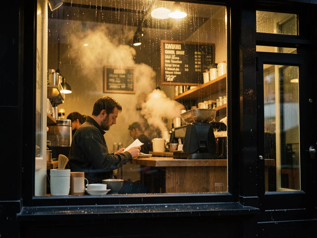 A coffee shop window from outside: warm interior glow, a patron reading, the men