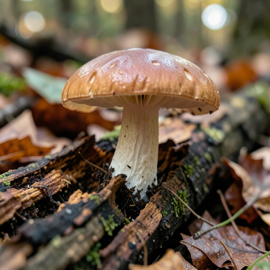 Mushroom growing from rotting log, autumn forest floor, extreme close-up