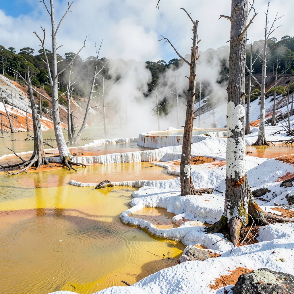 Rotorua geothermal landscape, active earth palette, Lake edge with dead trees, m