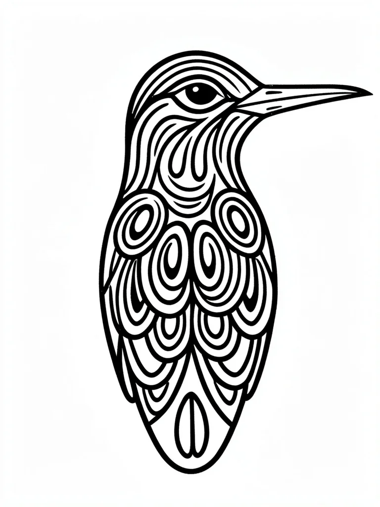 Hummingbird close-up — long beak, eye ovoid, chest feathers as layered U-forms