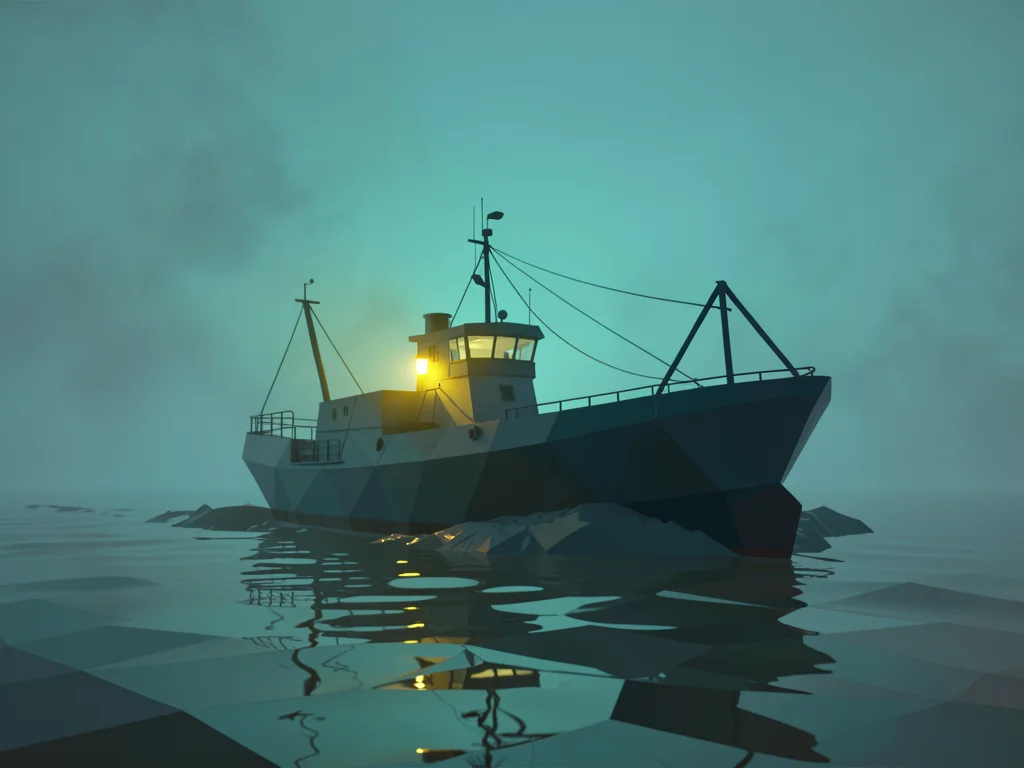 Triangular faceted fishing trawler chugging through a teal mist with a single ca