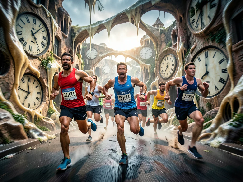 Marathon runners but they're running through Dali's melting clock landscape