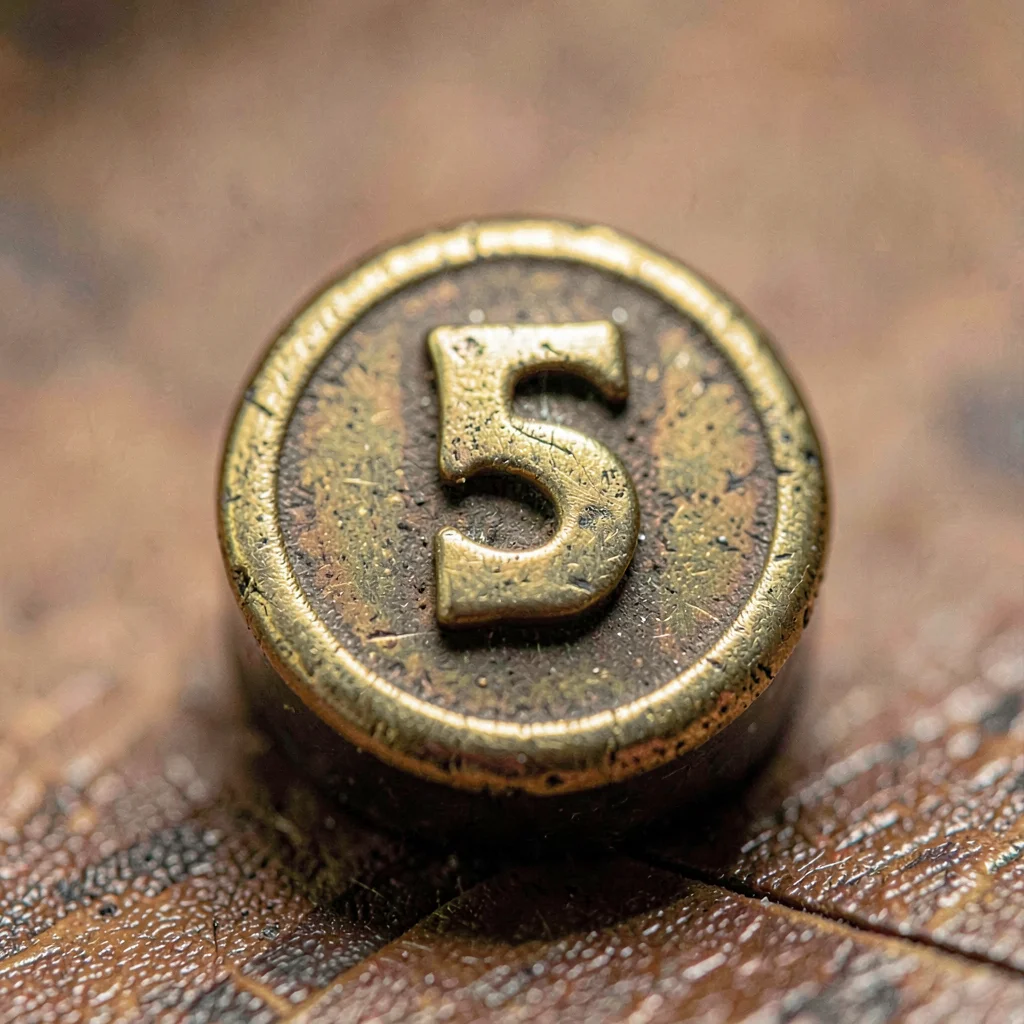 Worn close-up of a brass type-slug with the character softened from impact